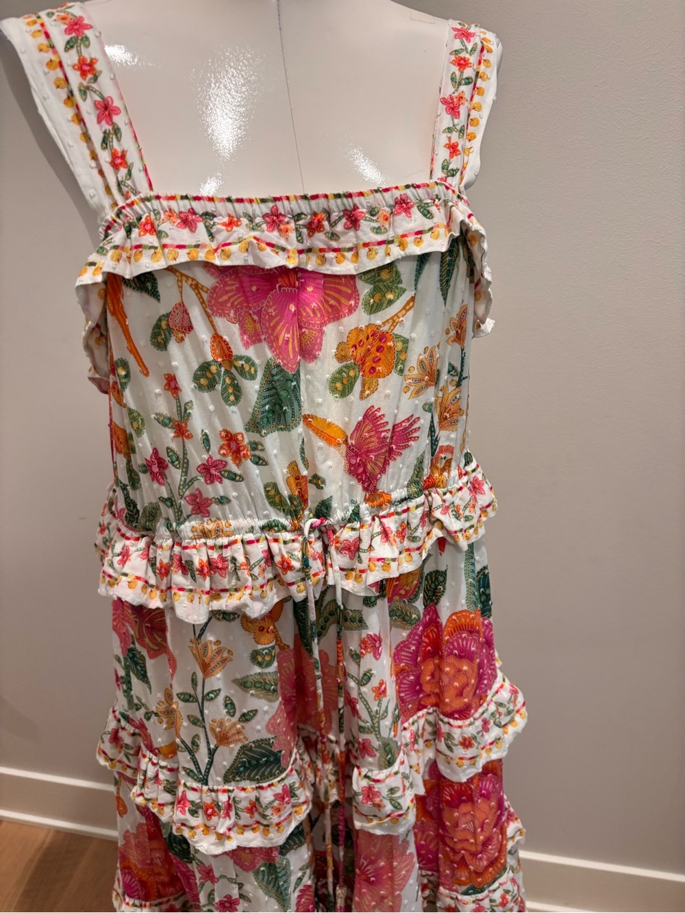 FARM RIO Macaw Bloom Floral Print Cotton Midi Ruffled Dress. - Picture 3 of 11